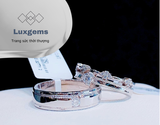 Nhẫn cặp vàng trắng 18k750 đính kim cương moisanite LG001