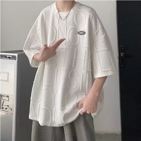 áo thun  unisex tay chữ in nổi màu trắng