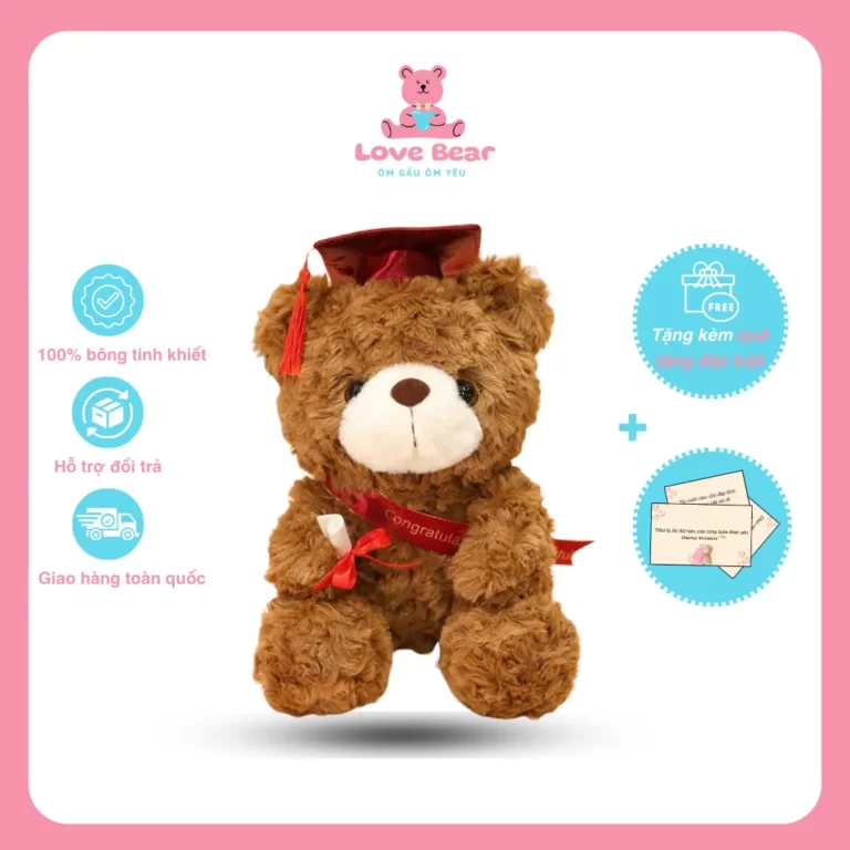 Gấu bông Teddy lông xù đội nón tốt nghiệp