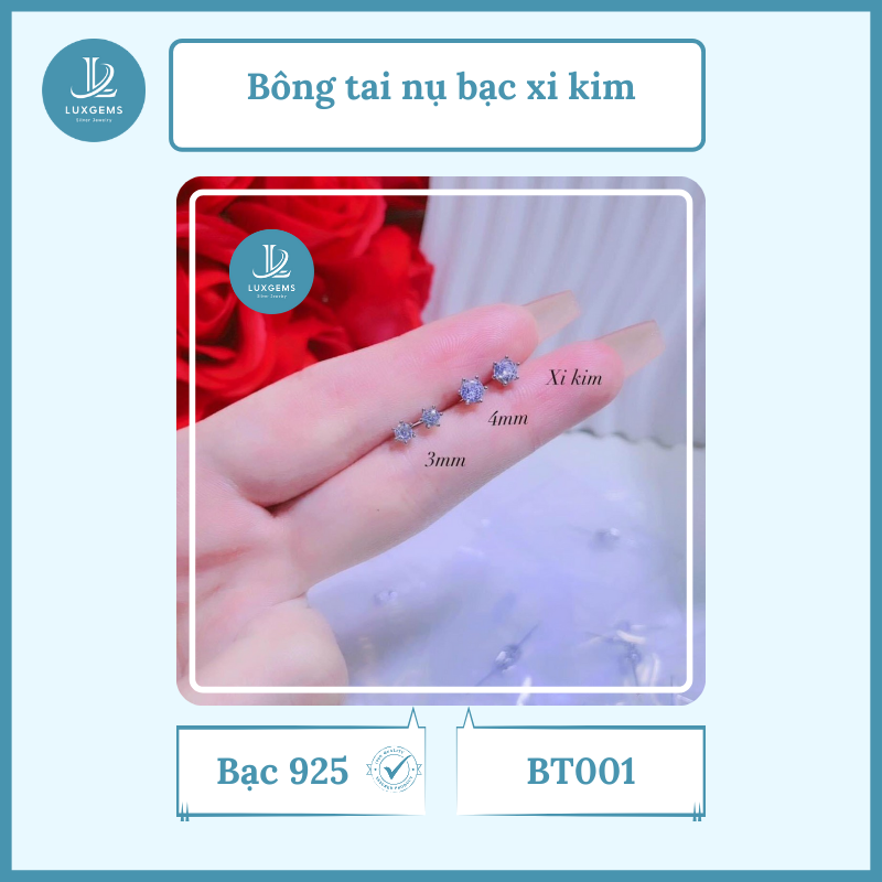 Bông tai Luxgems – bông tai nụ bạc xi kim đơn giản, thanh lịch_BT001