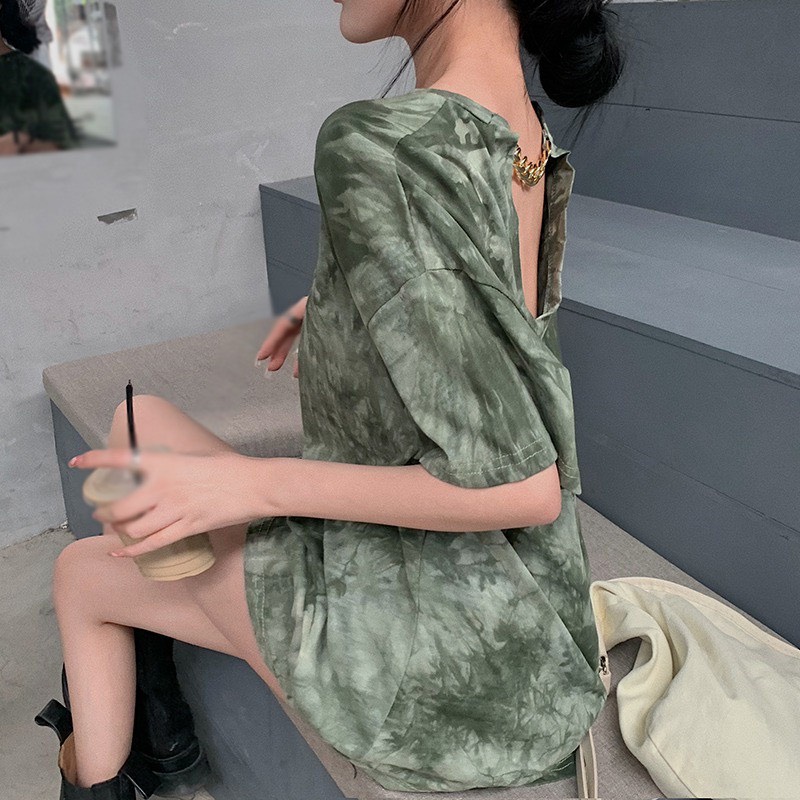 Áo thun tay ngắn dáng rộng màu loang hở lưng phong cách hàn quốc thời trang mùa hè cho nữ