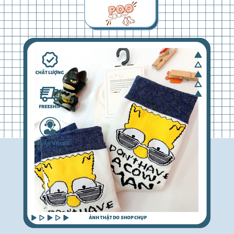 Tất Vớ Cổ Cao Unisex POOSOCKS 100% Cotton Hoạ Tiết Simpson Cực Chất Màu Trắng Khử Mùi Thoáng Khí