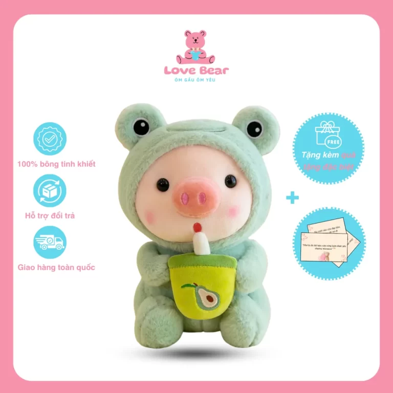 Gấu bông heo cosplay ếch ôm bình sữa