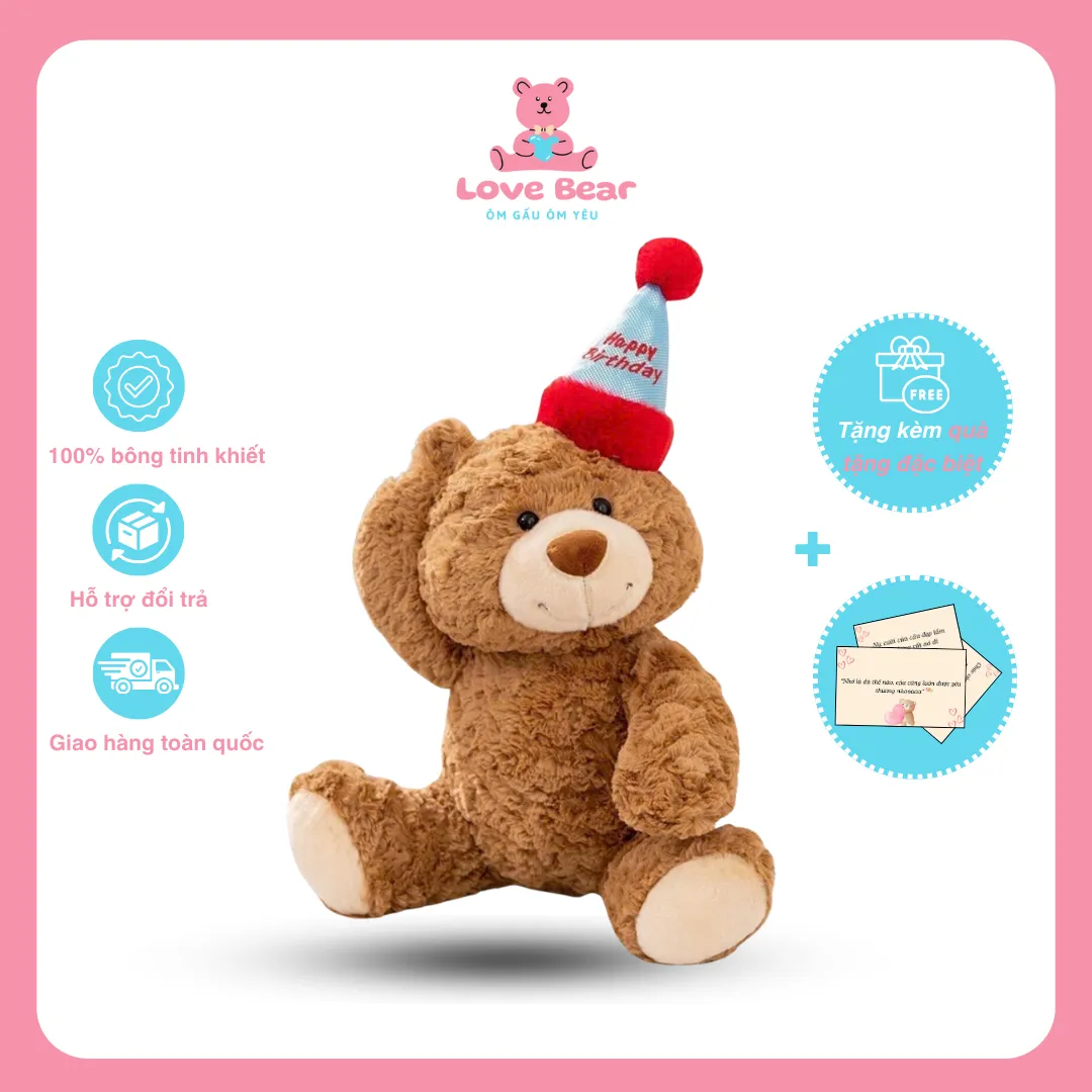 Gấu bông Teddy lông xù đội nón chúc mừng sinh nhật