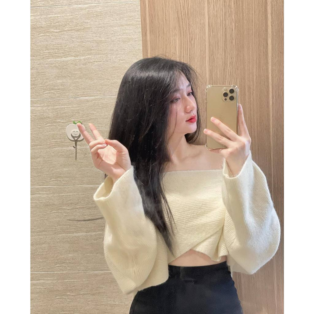 Áo Len Croptop Tay Dài Trễ Vai Mùa Đông