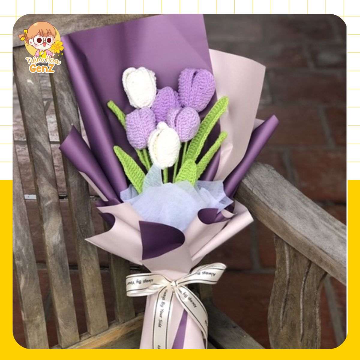 Bó Hoa Tulip Bằng Len Màu Trắng Tím