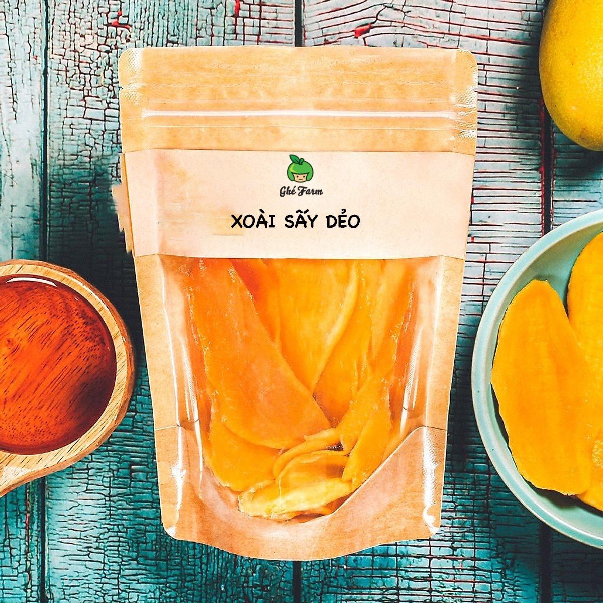 Xoài sấy dẻo, 225g, bịch, mẫu kraft 1 mặt trong