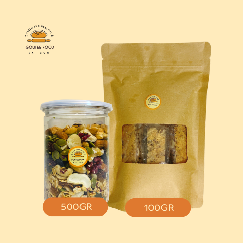 Combo Bánh Ăn Vặt Thanh Gạo Lứt Chà Bông Goutee Food Túi 100G + Ngũ Cốc Giàu Hạt Dinh Dưỡng Granola Hũ 500G