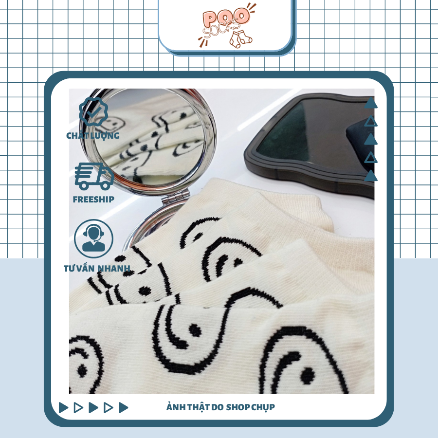 Tất Vớ Nam Nữ Cổ Thấp POOSOCKS Họa Tiết Mặt Cười Basic Đen Trắng Thời Trang Hàn Quốc Giá Rẻ