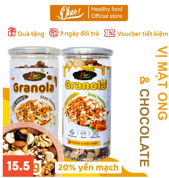[COMBO 2] Ngũ Cốc Granola 2 Vị Mật ong và Chocolate, Nhiều Macca 20% Yến Mạch, Đồ Ăn Vặt, Hỗ Trợ Ắn Kiêng 500g