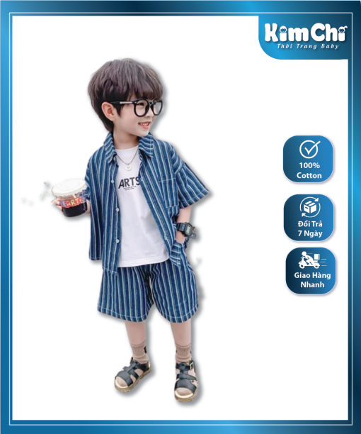 Bộ Đồ Bé Trai Áo Sơ Mi Sọc Ngắn Tay