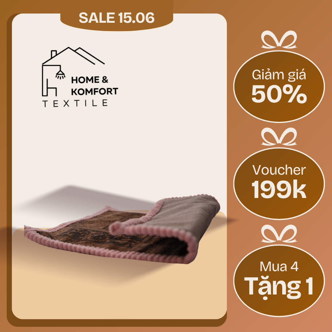 Thảm lau chân 40x60, họa tiết thổ cẩm màu nâu, viền hồng.