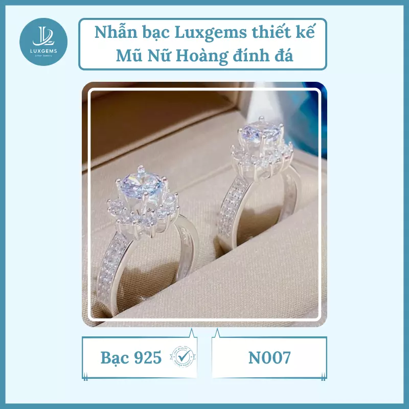 Nhẫn bạc Luxgems thiết kế Mũ Nữ Hoàng đính đá_N007
