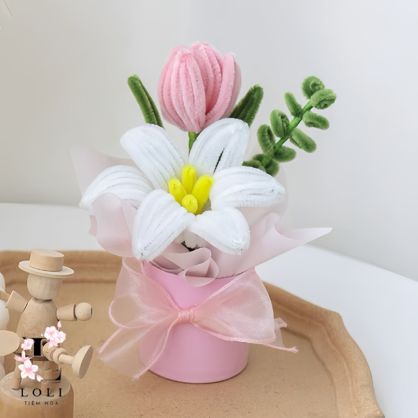 Chậu hoa hướng dương mix tulip handmade