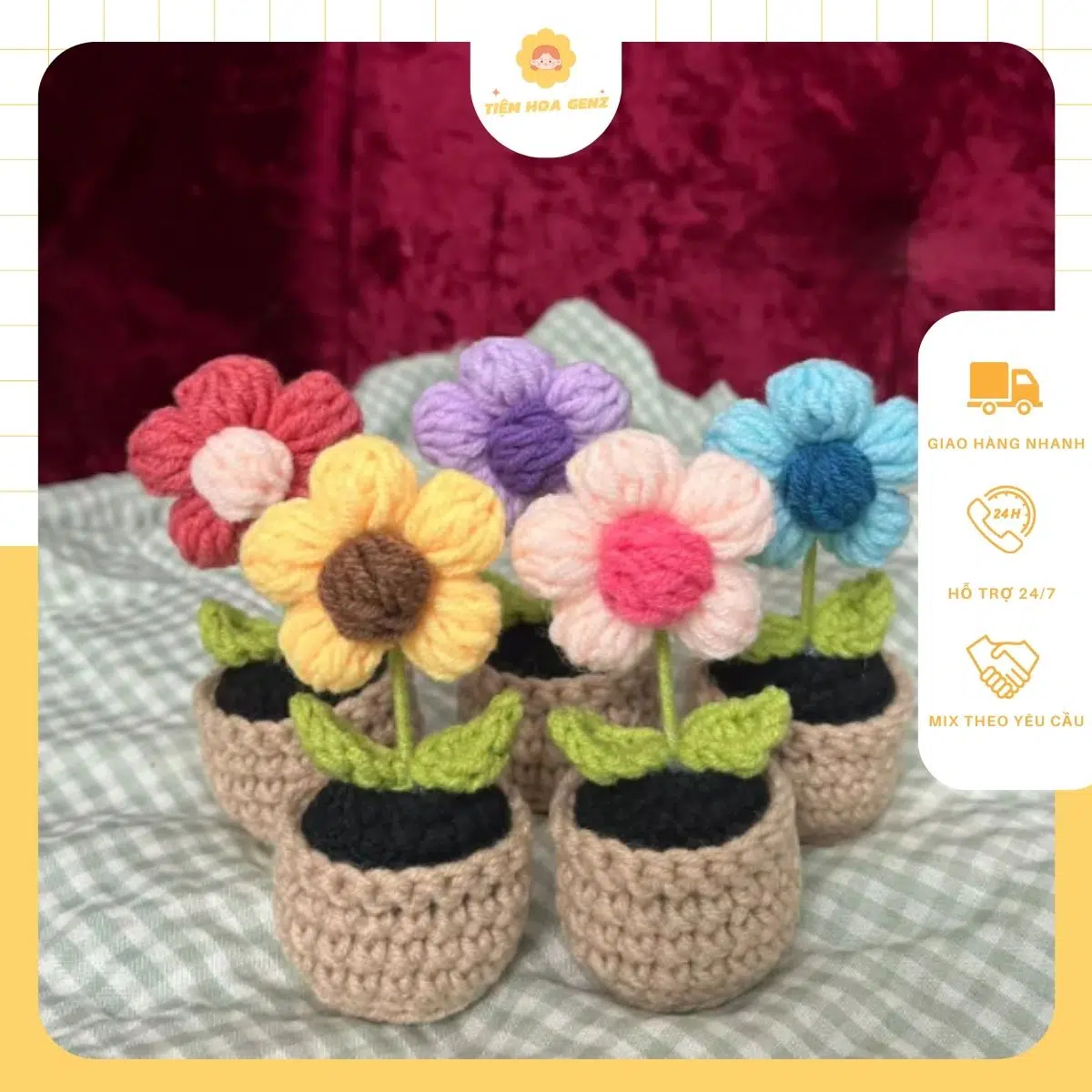 Chậu Hoa Len Mini Xinh Xắn Trang Trí Bàn