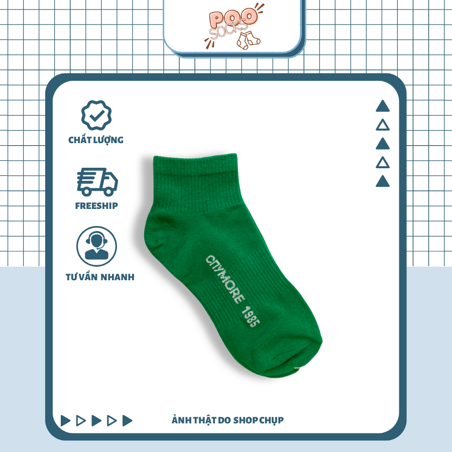 Tất Vớ Unisex Cổ Thấp POOSOCKS Màu Xanh Lá Hot Trendy Vải Cotton Dày Dặn Êm Ái Chất Lượng Cao