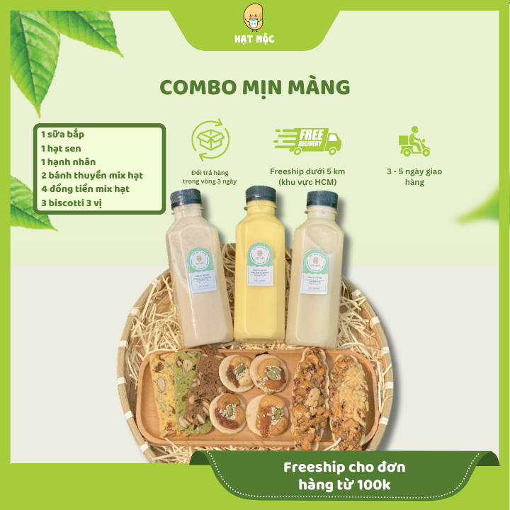 Combo mịn màng 3 sữa 250ml + 3 loại bánh hạt hỗ trợ đẹp da - Hạt Mộc