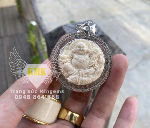 Mặt Di Lặc ngọc trắng bọc Vàng Trắng đính đá CZ cao cấp