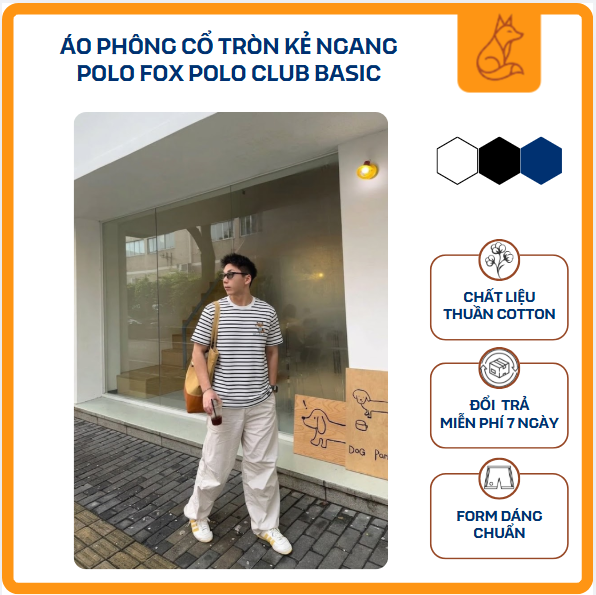 Áo thun cổ tròn kẻ ngang Fox Polo Club chất liệu vải thun cotton form: regular fit vừa vặn, tôn dáng PKN2001