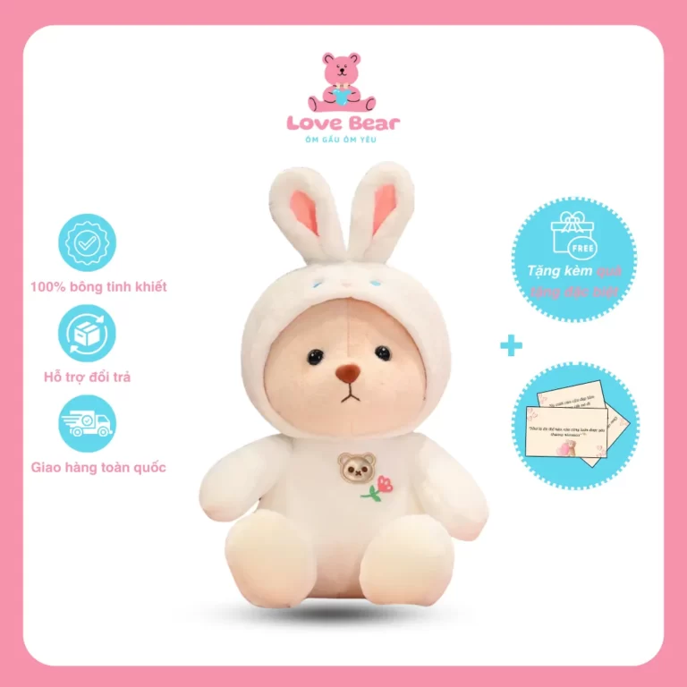 Gấu bông Lena đội mũ thỏ trắng