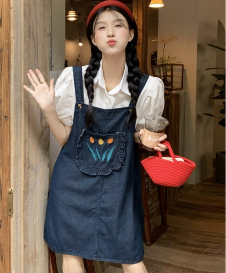 [ORDER TAOBAO] Váy yếm DENIM túi hoa tulip không tay chất jean mềm mại phong cách Hàn Quốc