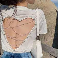 Fortee Áo Thun Kiểu Khoét Lưng Hình Trái Tim Đính Ngọc