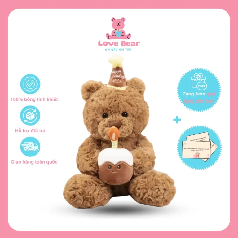 Gấu bông Teddy lông xù ôm bánh kem sinh nhật