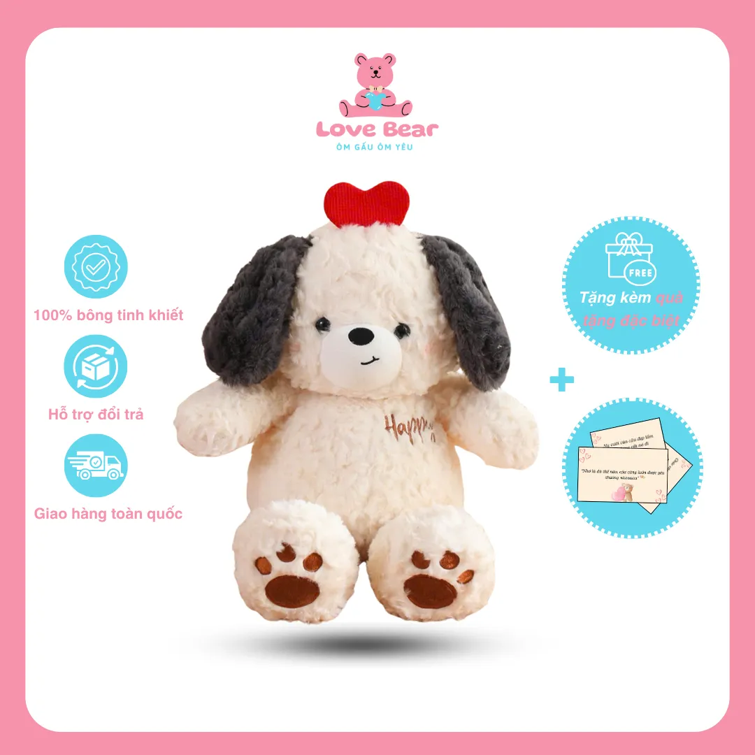 Gấu bông Teddy lông xù màu trắng tai đen