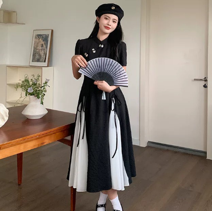 Váy đầm sườn xám cách tân đen đuôi trắng retro phong cách Ulzzang