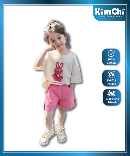 Set Quần Áo Bé Gái In Hình Thỏ Hồng