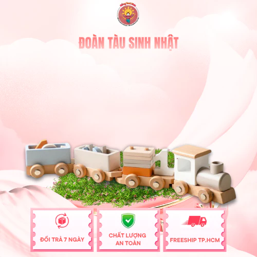 Đoàn Tàu Sinh Nhật Montessori Gỗ Nắng Tươi Kids Xếp Hình An Toàn Giáo Dục Phát Triển Tư Duy 1-5 Tuổi
