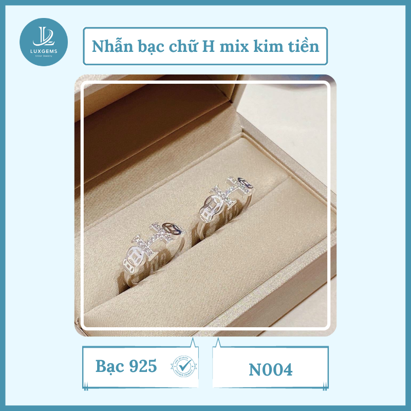 Nhẫn bạc Luxgems thiết kế chữ H mix tiền_N004