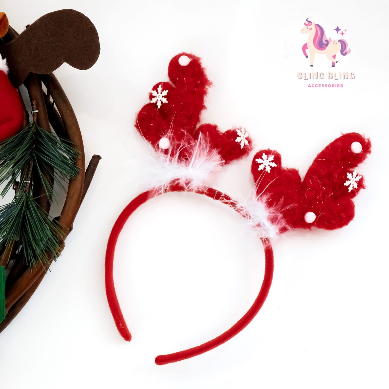 Băng đô bờm Xmas Reindeer horn hoa tuyết có đèn – Đỏ