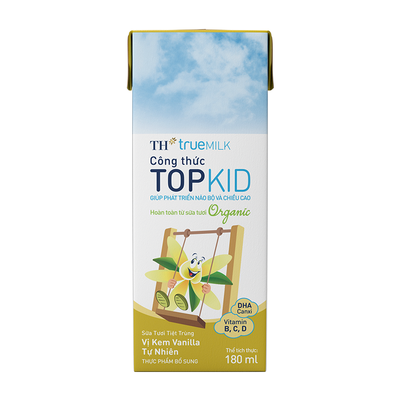 Sữa Tươi Tiệt Trùng TH true MILK Công Thức TOPKID Hoàn Toàn Từ Sữa Tươi Organic – Vị Kem Vanilla Tự Nhiên 180 ml