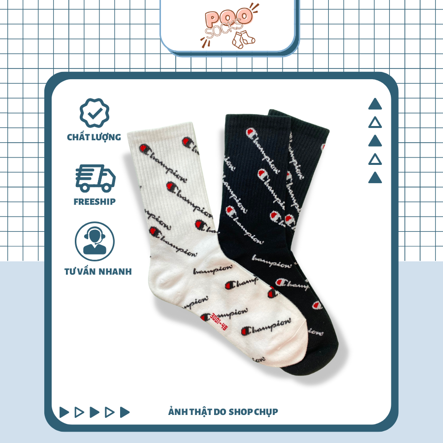Tất Vớ Thể Thao Nam Nữ POO POCKS Champion Đen Trắng Chất Liệu Dày Dặn Cao Cấp Không Xù Lông