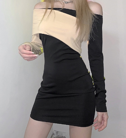 FORTEE Đầm Trễ Vai Lưng Cao Phối Màu Thời Trang Gợi Cảm