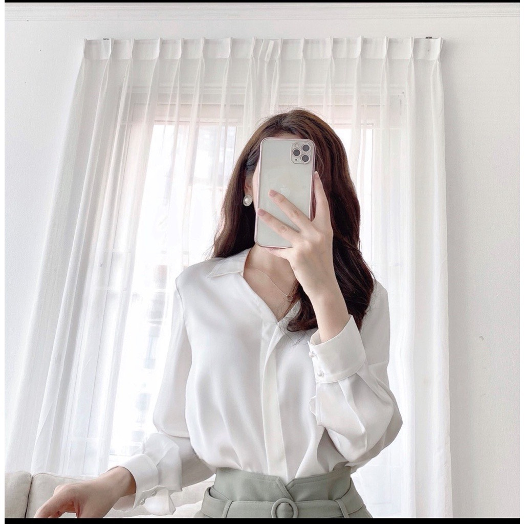 Áo sơ mi lụa cổ V kiểu nẹp giấu cúc dáng cơ bản - áo sơ mi công sở nữ