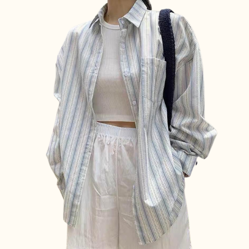 Sơ Mi Kiểu Sọc Bản To Xanh Trắng | Unnie Sơ Mi