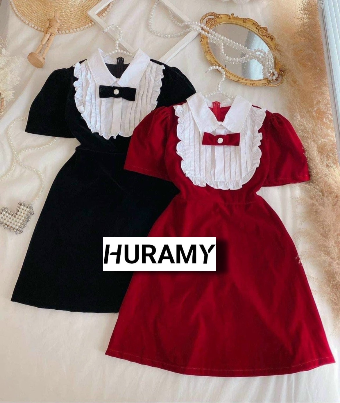 Đầm cổ nơ dập ly ngắn dáng xòe tiểu thư Freesize Dưới 55kg - HURAMY