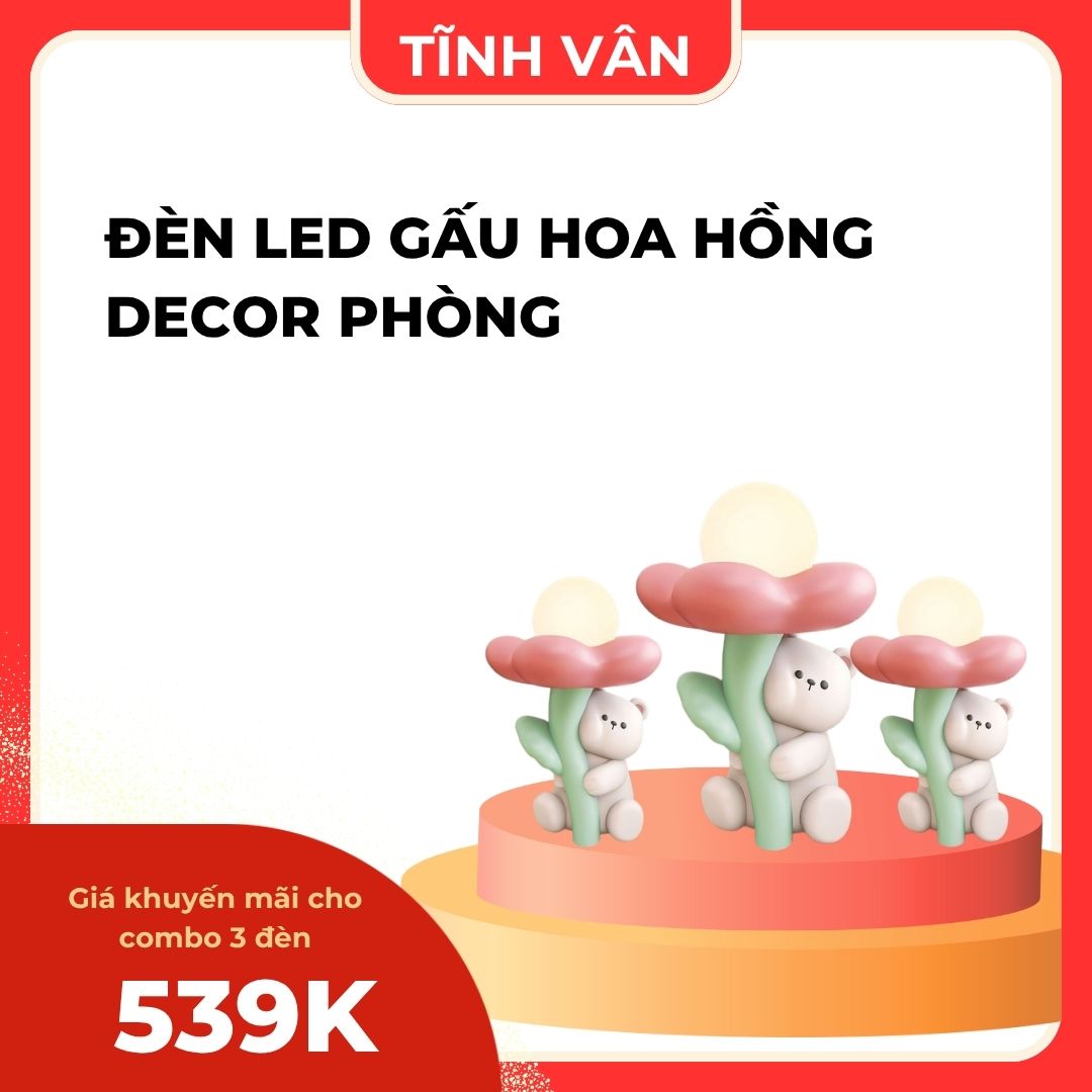 Đèn LED Gấu Hoa Hồng Decor Phòng – Combo 3 Đèn Ánh Sáng Dịu Dàng – Trang Trí Không Gian Lãng Mạn – Tĩnh Vân Decor