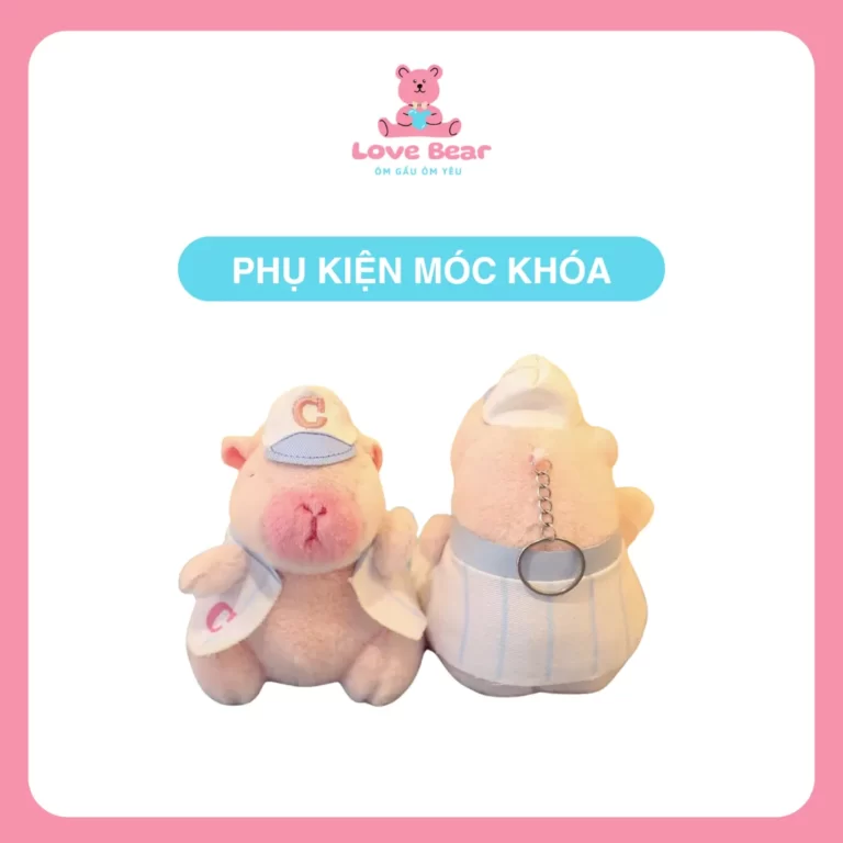 Móc khóa gấu bông Capybara hồng bóng chày