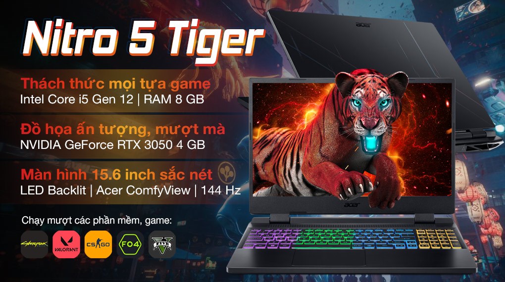 Laptop Acer Nitro 5 Tiger AN515 58 52SP i5 12500H/8GB/512GB/4GB RTX3050/144Hz/Win11 (NH.QFHSV.001)