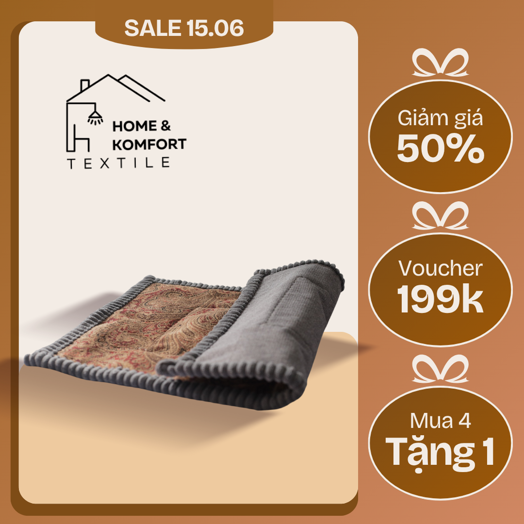 Thảm lau chân 40x60, họa tiết thổ cẩm, màu ánh nâu, viền xám.