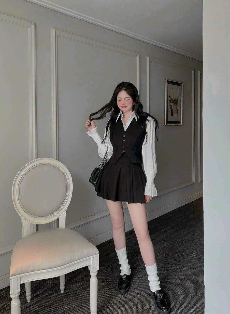 Set vest 3 món áo sơ mi tay bồng phối chân váy kèm ghi lê thiết kế trống lưng thanh lịch kiểu cách