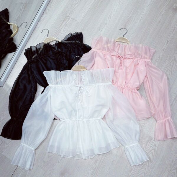 Áo kiểu bẹc vai bo eo dây buộc nơ trước dài tay chất voan kiếng mềm 2 lớp cực xịn U.T