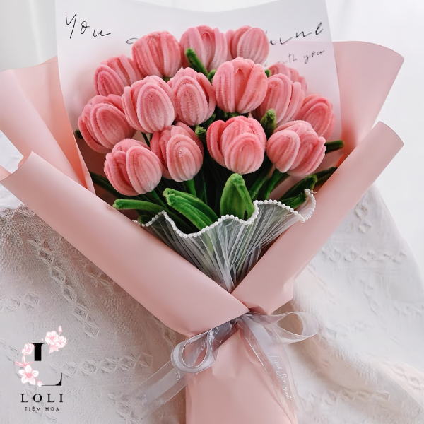 Bó hoa Tulip màu hồng kẽm nhung