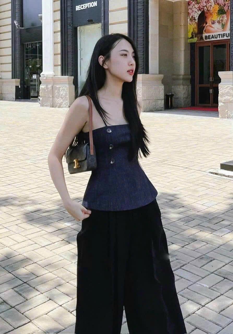 Set áo 2 dây phối cúc vạt xòe mix quần ống suông sang chảnh