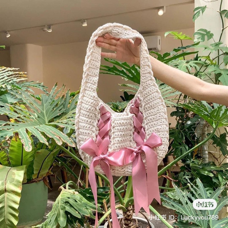 Túi Len Thắt Nơ Ruy Băng Màu Trắng