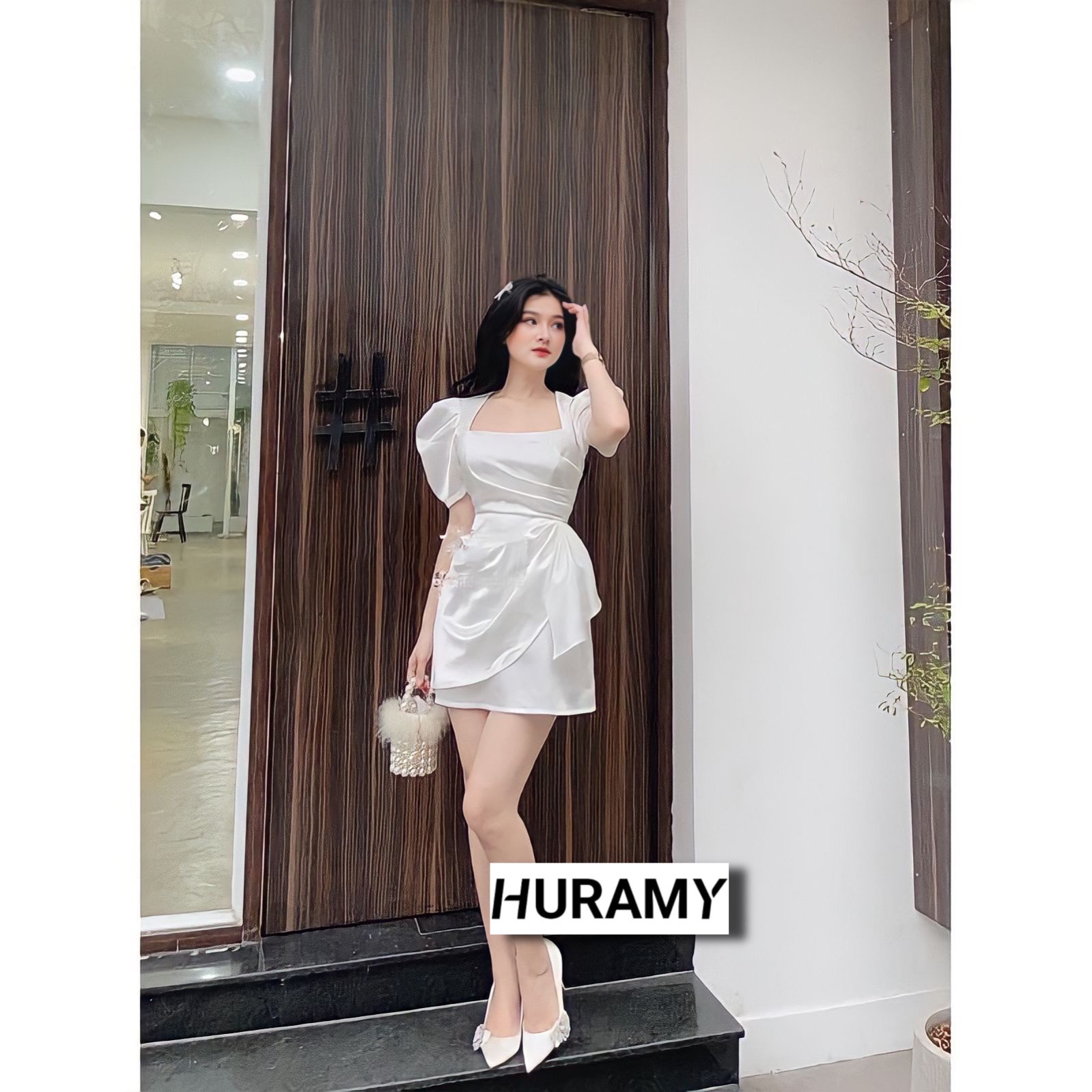 Đầm dự tiệc tay phồng cổ vuông nơ eo xếp ly siêu sang Freesize Dưới 55kg - HURAMY