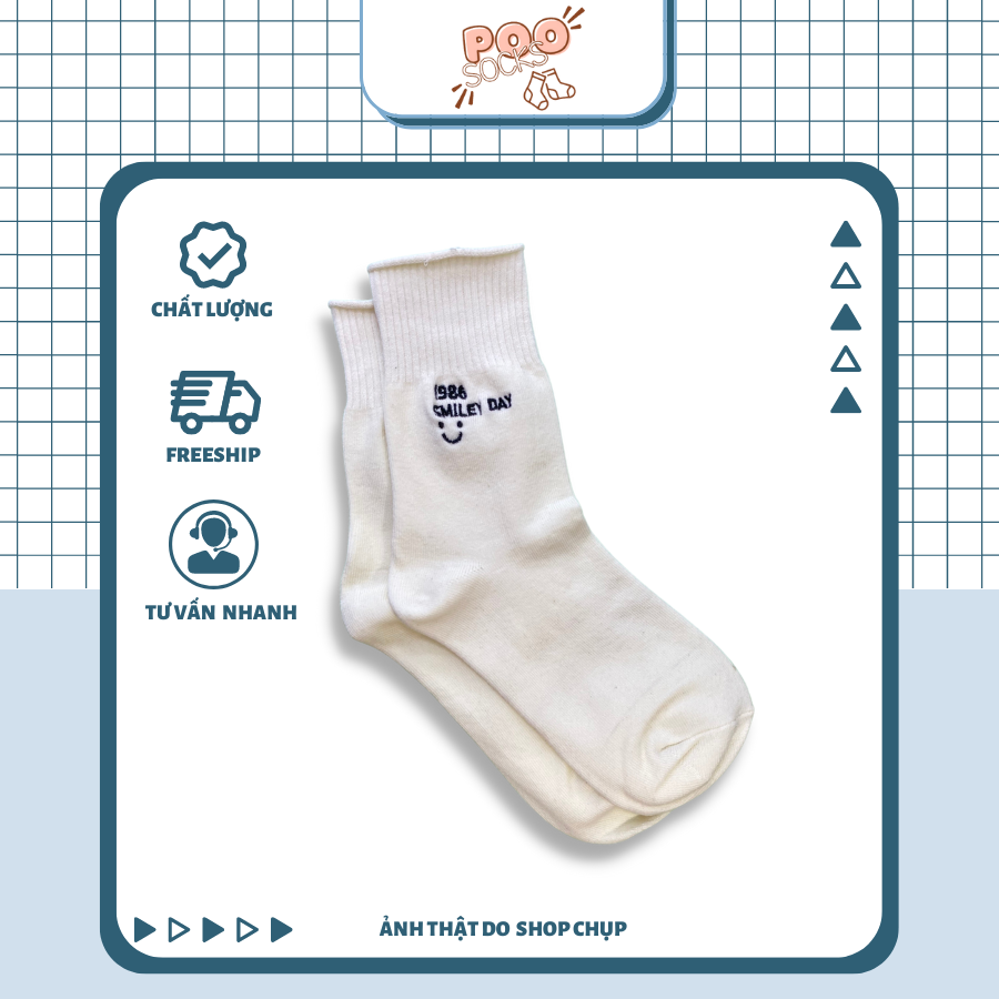 Tất Vớ Cổ Cao Nam Nữ POOSOCK Mặt Cười Smiley Thêu Cao Cấp Thịnh Hành Màu Trắng Co Giãn Thoải Mái
